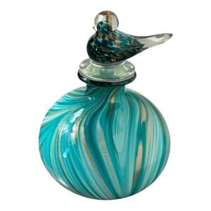 Dale Tiffany Hand Blown Art Glass Decanter Vase With Bird Stopper 8” Tall Rare